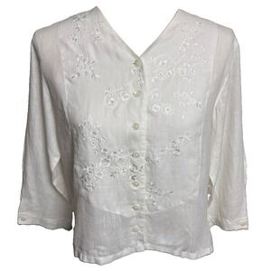 J Jill Linen Floral Embroidered Top Womens Small White Quiet Luxury Coastal